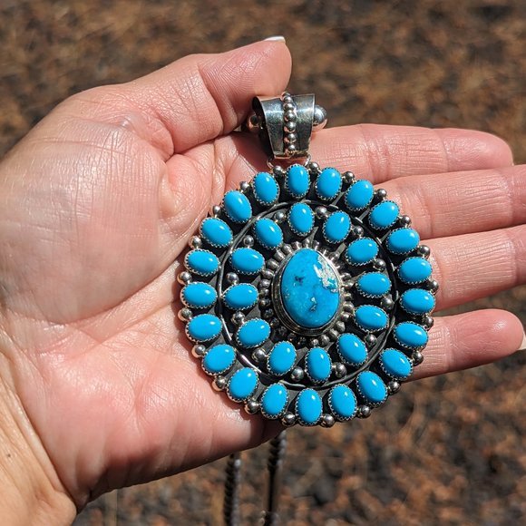 Navajo Pearls & Sleeping Beauty Cluster Turquoise Necklace Medallion‎ Pendant*** - Picture 12 of 13